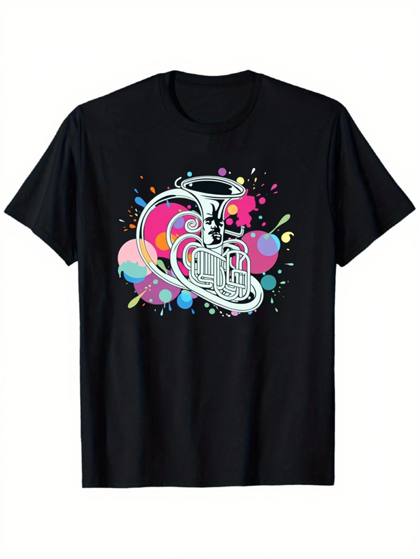 Musical Instrument Horn - Trendy Men's Black Graphic T-Shirt Tuba
